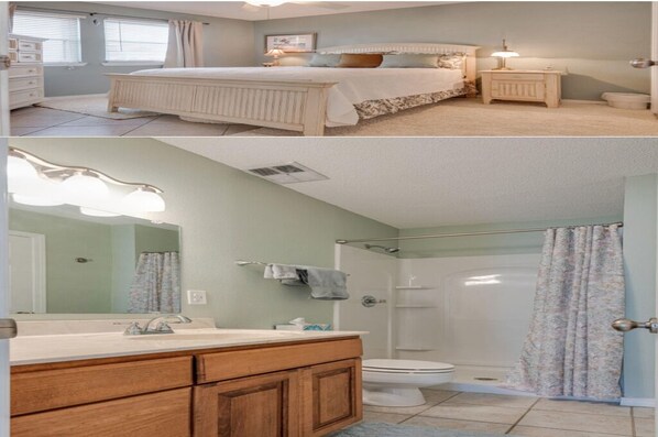 Combined shower/bathtub, hair dryer, towels, soap