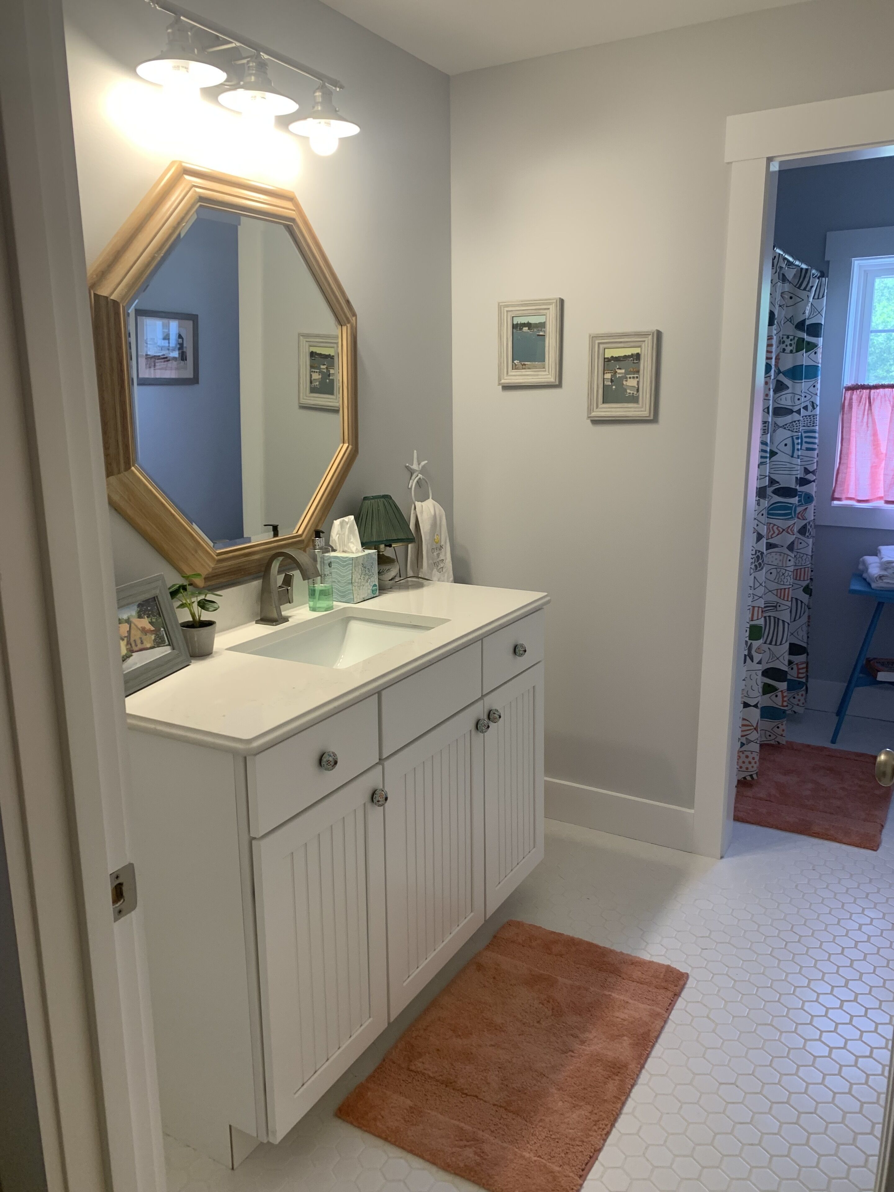 Une salle de bain avec un meuble-lavabo blanc, un grand miroir et un évier. On y trouve des tableaux encadrés accrochés au mur, un porte-serviettes et un rideau de douche orné d’un motif de poissons.