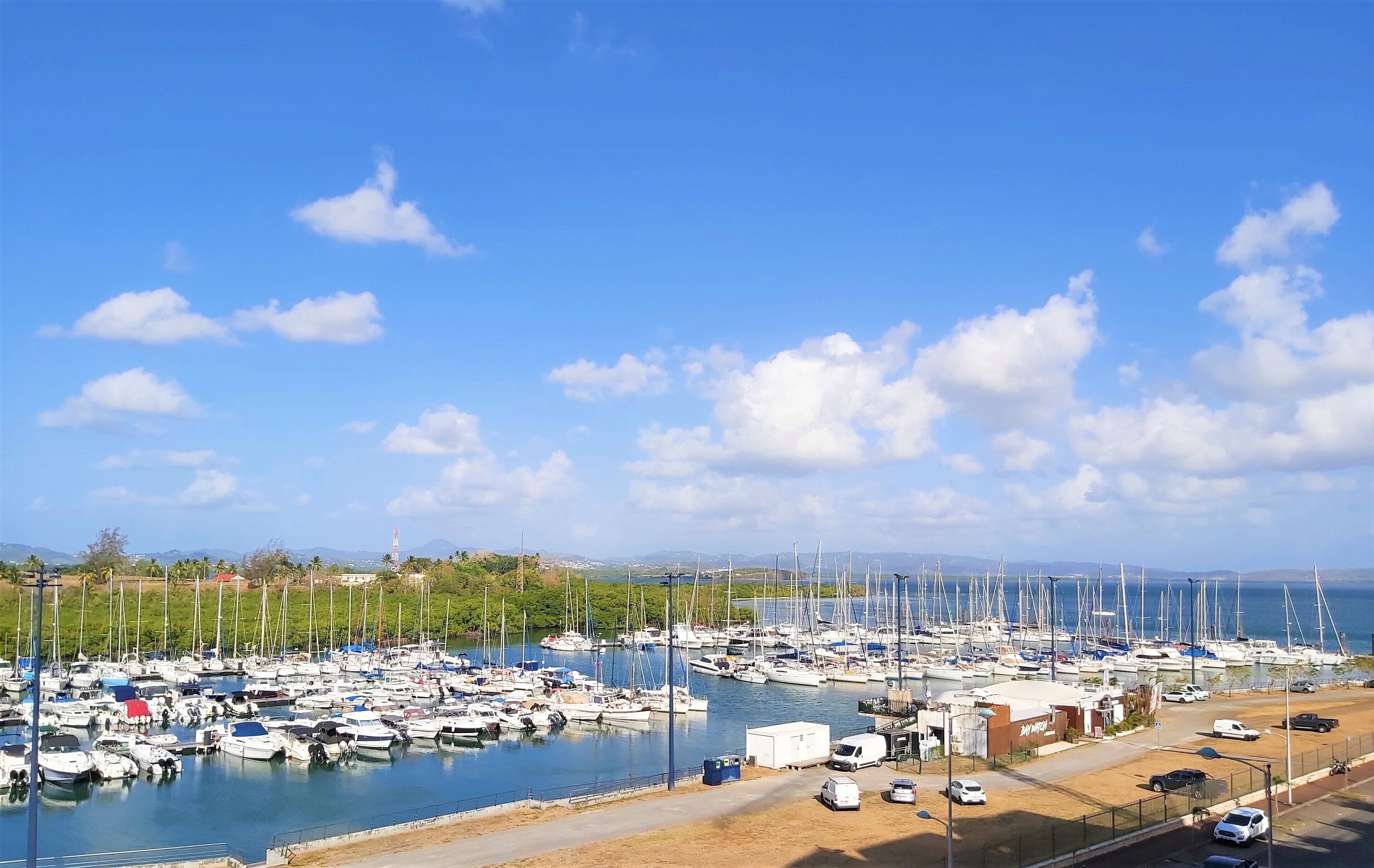 Un puerto deportivo con numerosas embarcaciones amarradas, cielo despejado y una vista distante de colinas.
