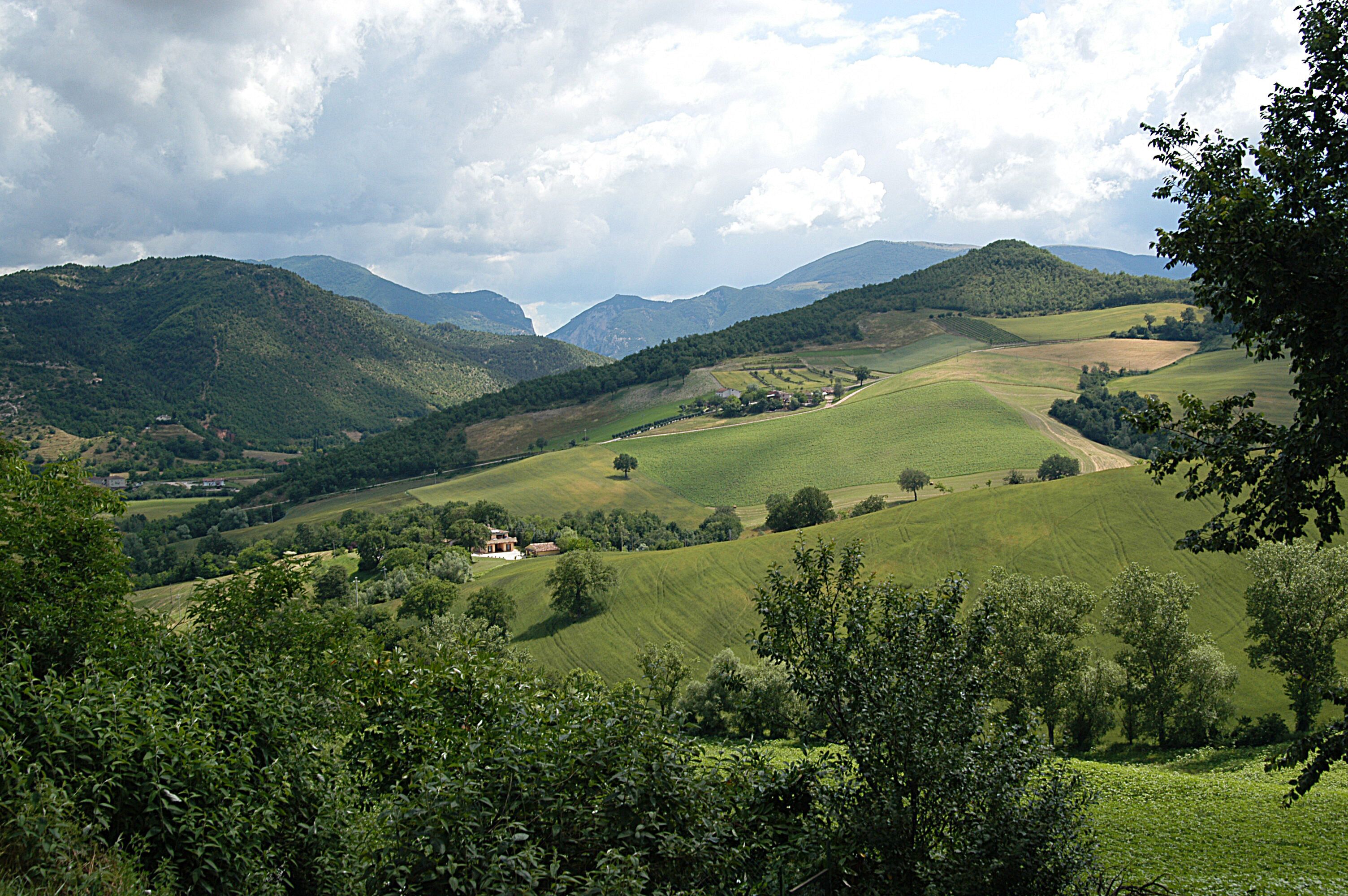 A rural landscape with rolling hills, a small house, and dense greenery.