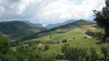 A rural landscape with rolling hills, a small house, and dense greenery.