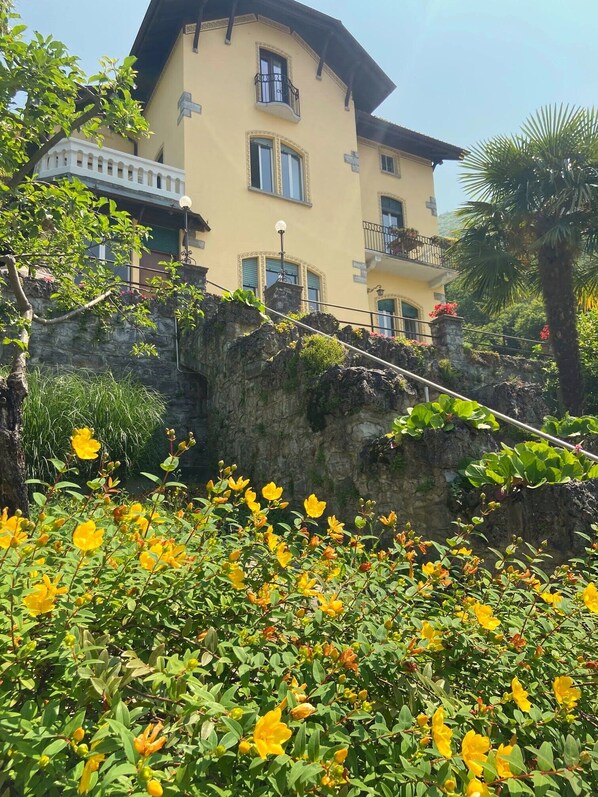 A multi-story building with balconies, a stone retaining wall, and a garden with yellow flowers.