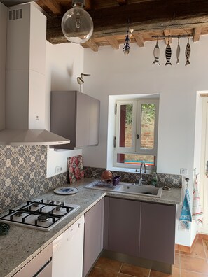 A compact kitchen with a gas stove, a dishwasher, and a window with a view of greenery.