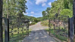 Una strada sterrata conduce a un cancello d'ingresso con elaborate inferriate.