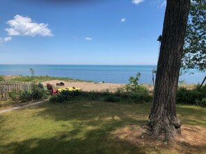 On the beach, sun-loungers, beach towels