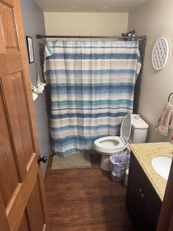 A bathroom with a striped shower curtain, a toilet, a sink, and a wooden door.