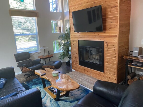 Smart TV, fireplace, books, stereo