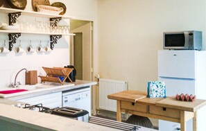 Fridge, stovetop, dishwasher, coffee/tea maker