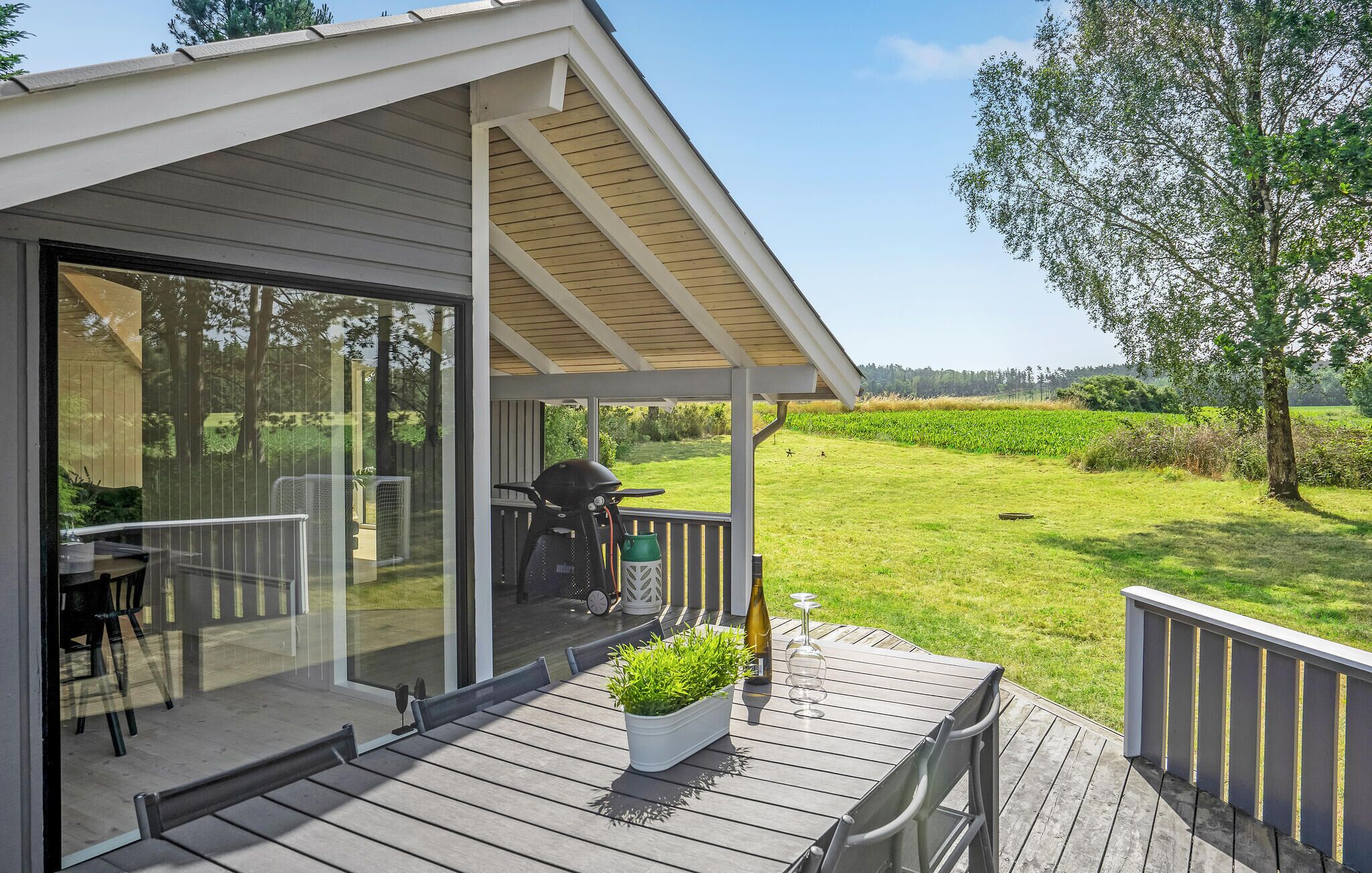 Un espace extérieur abrité, équipé d’une table et de chaises, d’un barbecue, et offrant une vue sur un champ verdoyant et des arbres.