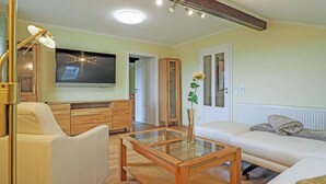 Un salon comprenant un canapé, une table basse en verre, un téléviseur, des meubles en bois et une porte donnant sur une autre pièce.