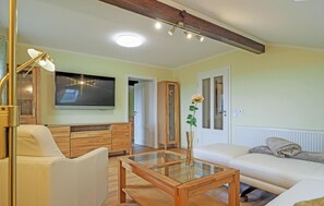 Smart TV, fireplace, DVD player, stereo