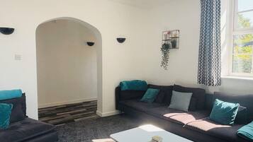 Smart TV, fireplace, DVD player, books