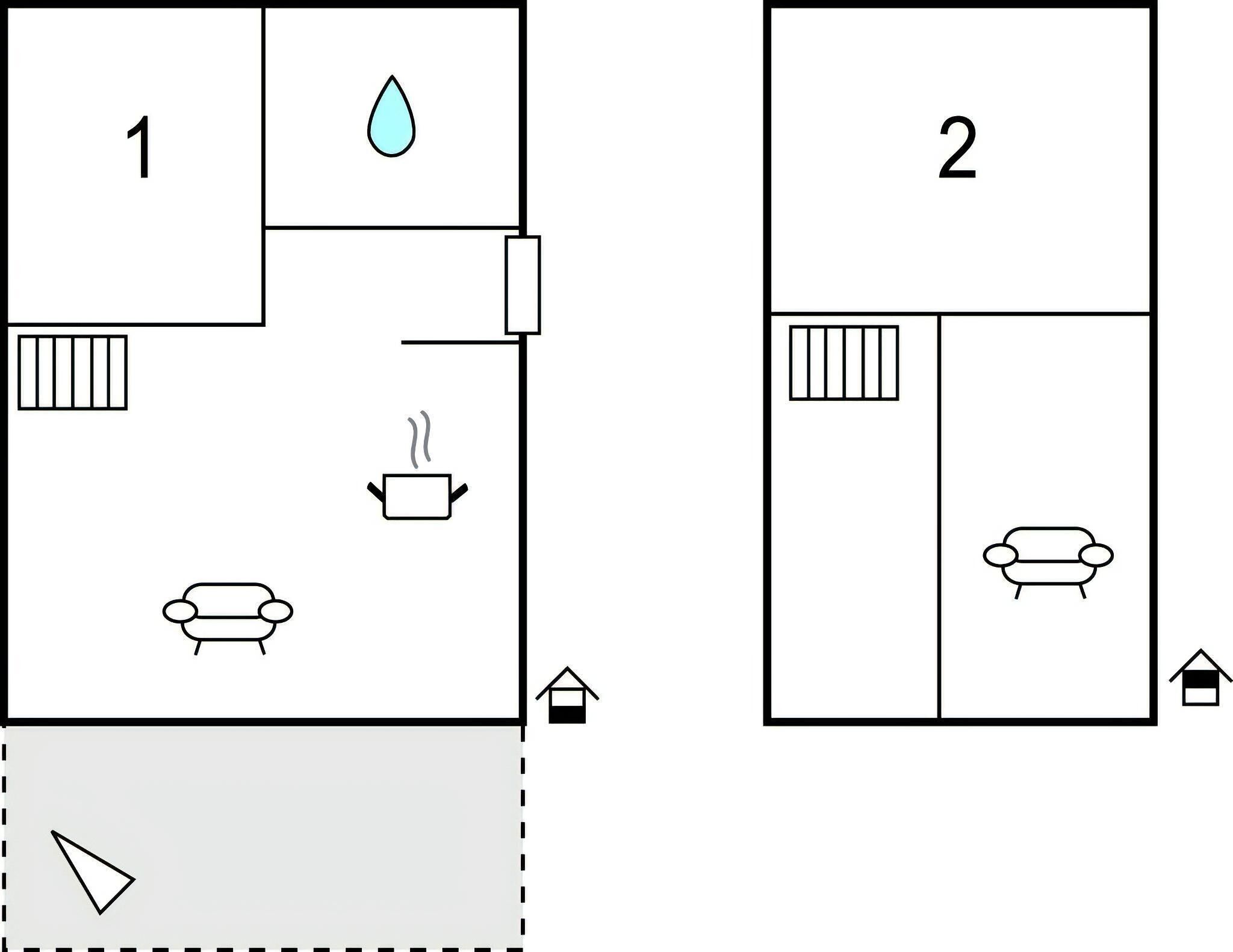 To plantegninger, der viser et badekar, et toilet og en håndvask i hvert rum.