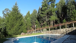 A swimming pool with a stone wall and a stone pathway leading to it.