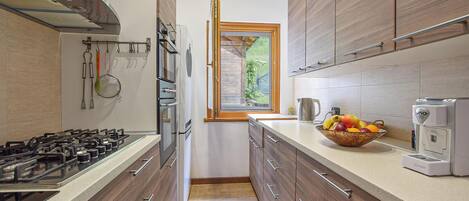 Fridge, stovetop, dishwasher, coffee/tea maker