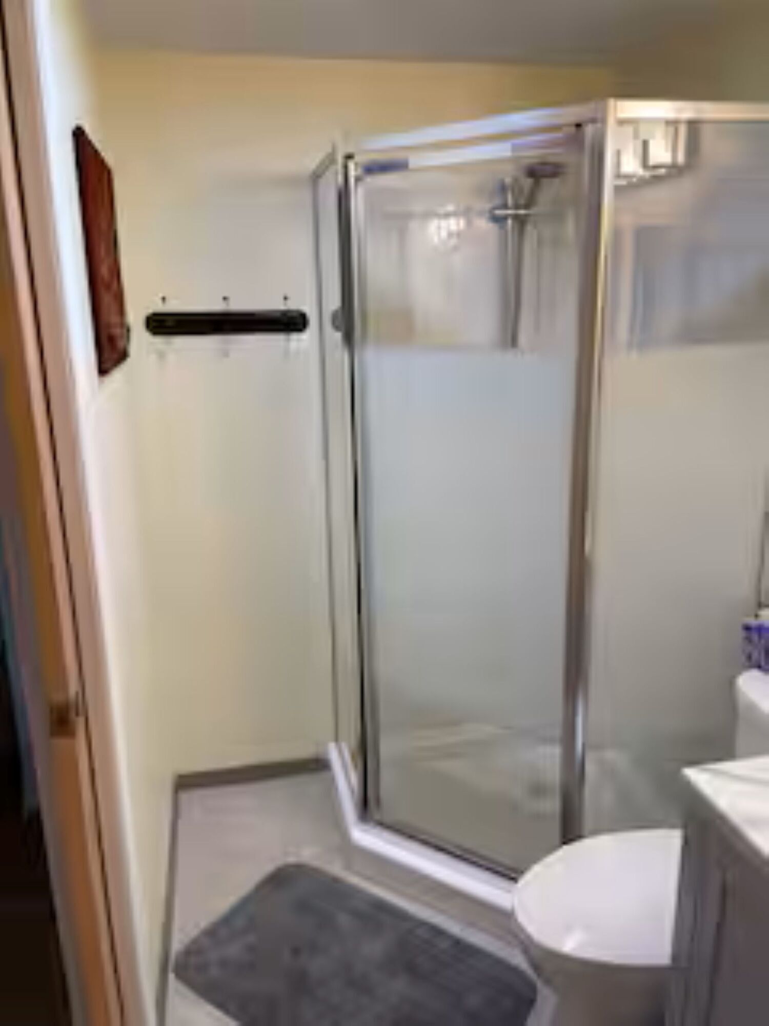 Un baño con ducha envuelta en vidrio, inodoro y lavamanos.