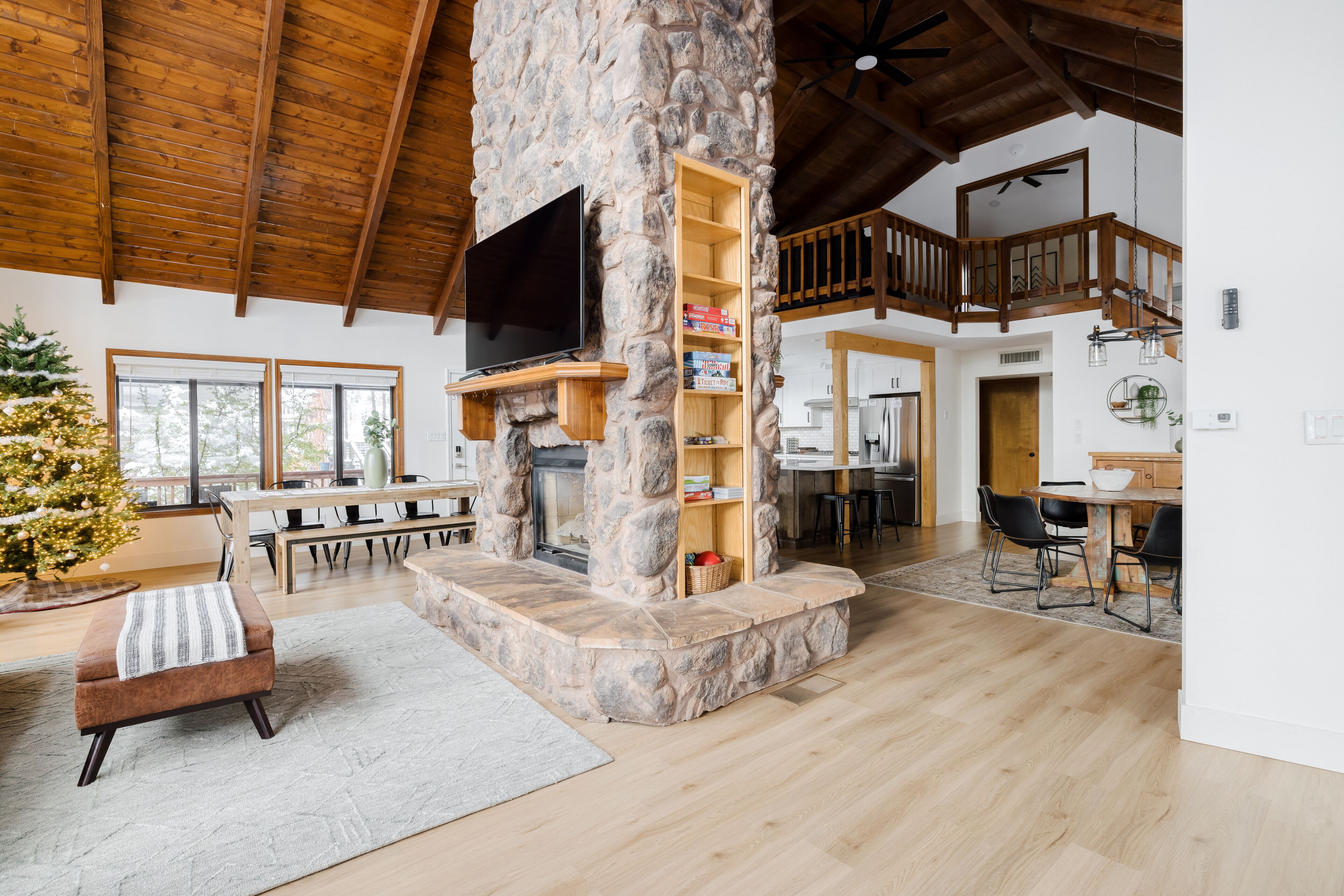 Smart TV, fireplace, video games, DVD player
