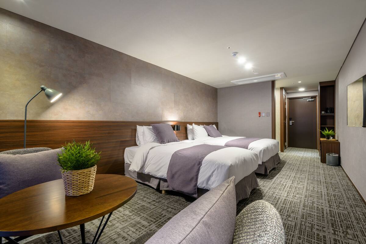 A modern hotel room with two beds, a sofa, a small table with a plant, and a TV on the wall.