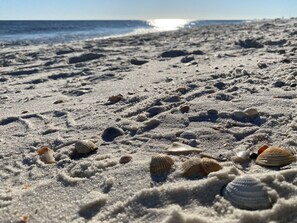 On the beach, sun-loungers