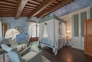 A bedroom with a four-poster bed, a sitting area with chairs, a wooden ceiling, and a large window.