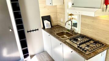 Mobile Home, 2 Bedrooms, Balcony, Garden View | Private kitchen | Fridge, stovetop, coffee/tea maker, freezer