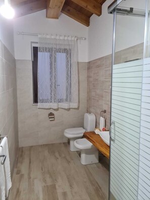 Un baño pequeño con inodoro, lavamanos y zona de ducha.