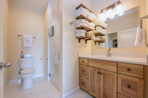Shower, hair dryer, towels