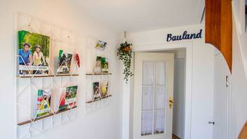 A hallway with a white door labeled 'Bauland,' a white wall with a geometric shelf holding books and magazines, and a hanging plant.