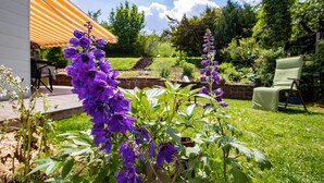 Un jardin avec des fleurs violettes, une terrasse dotée d’un auvent rayé et une chaise.