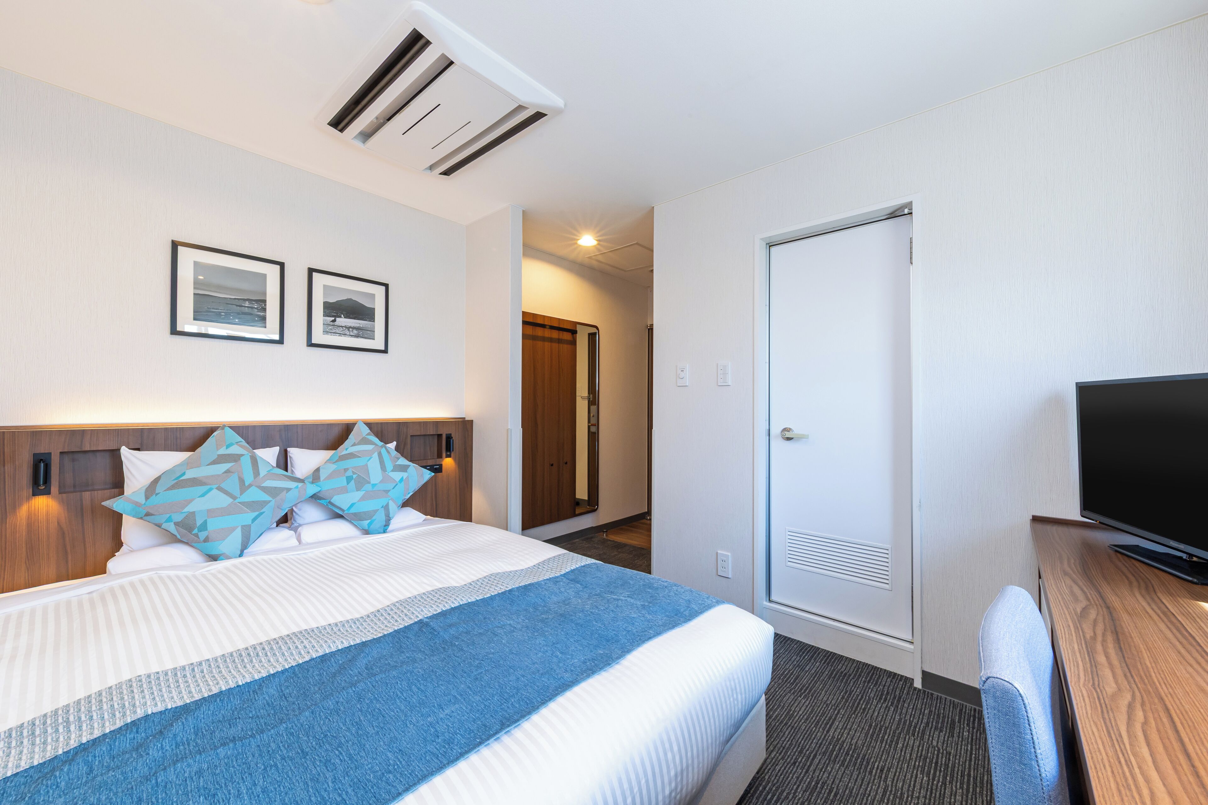 A hotel room with a bed, a television, and a door.