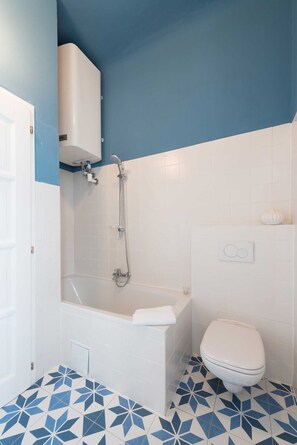 Hair dryer, towels, soap, toilet paper