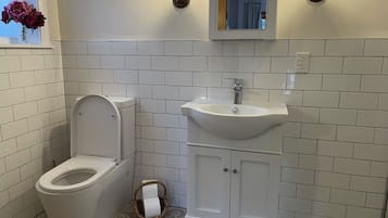 Combined shower/bathtub, hair dryer, towels, toilet paper