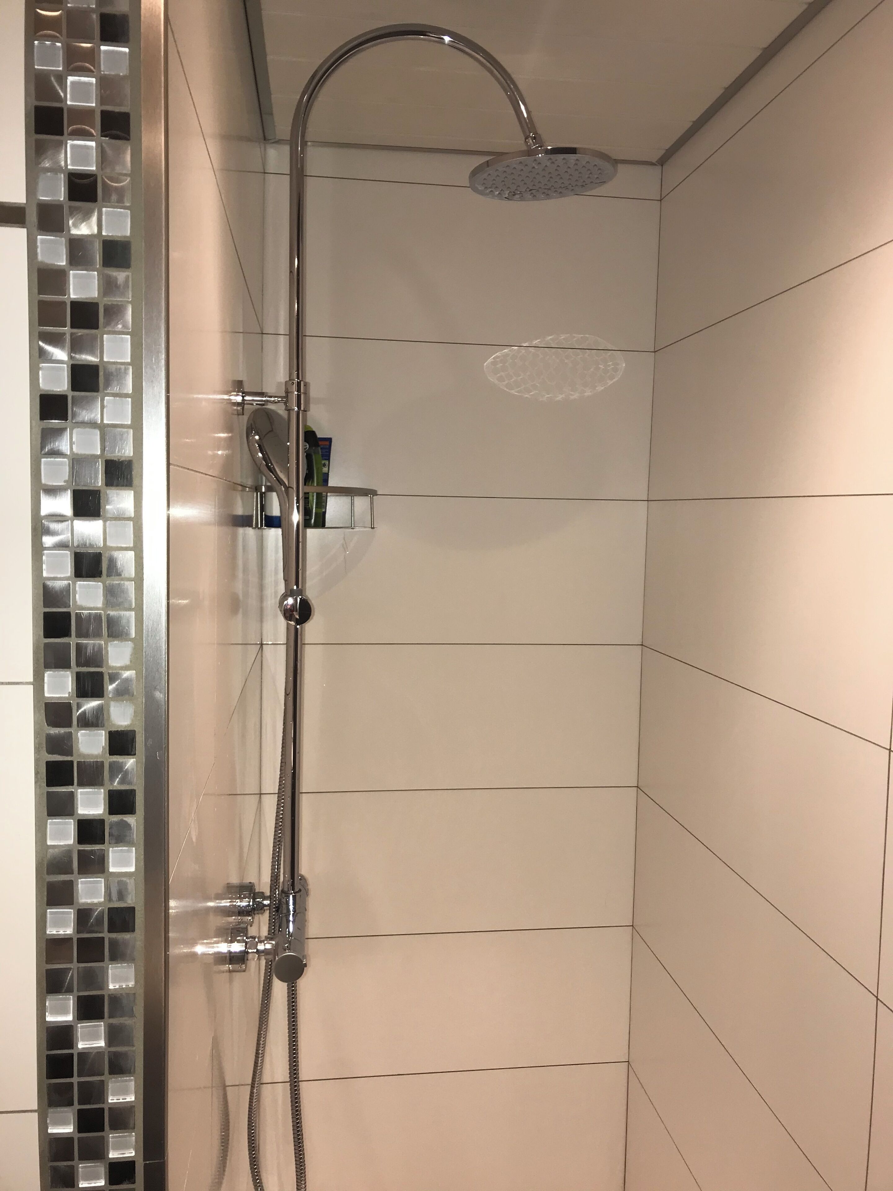 Eine Dusche mit Glastür, einer Handbrause und einer fest installierten Bedienkonsole.