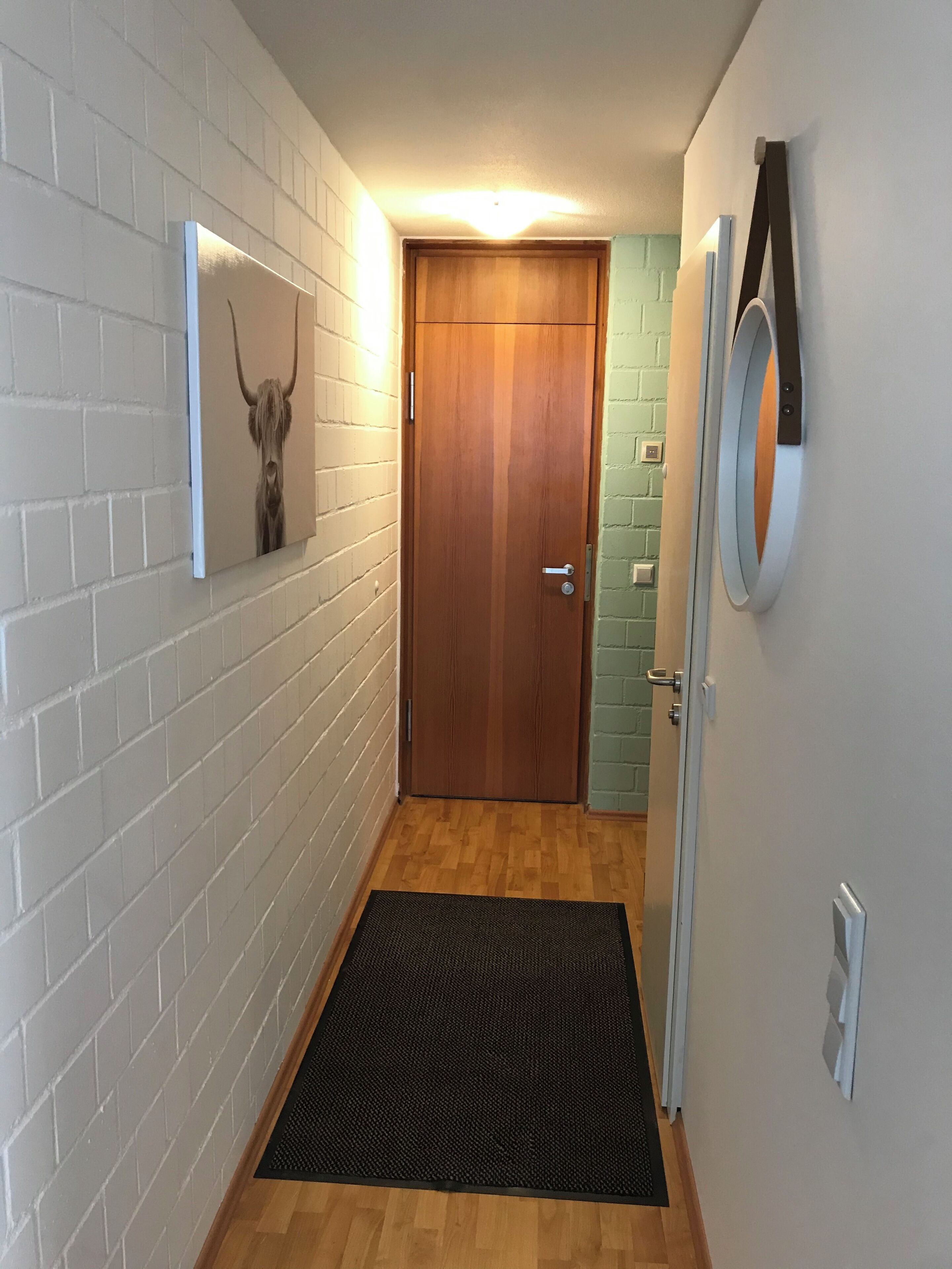 Ein Flur mit einer Holztür, einer Fußmatte, einem Wandbild eines Stiers und einem Lichtschalter.