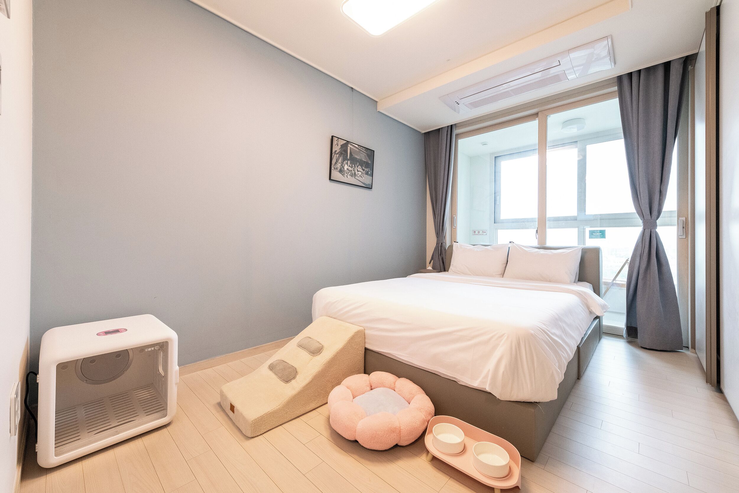 A modern hotel room with a bed, a massage chair, a pet bed, and a small table with bowls.