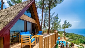 Une cabane en bois avec un toit de chaume, de grandes fenêtres et une terrasse dotée de meubles pour se détendre à l’extérieur.