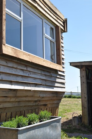A wooden building with a large window and a planter with green plants in front. - Cosy Rural Lodge at Goldhill Glamping - Sleeps 4 (Shaftesbury)