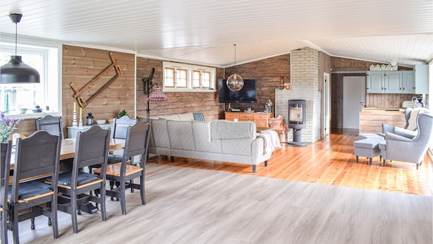 A spacious living area with a sofa, dining table, and chairs, a fireplace, and a kitchen with cabinets and a TV. - Cozy home in Sjusjøen (Sjusjøen)