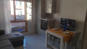 A compact living space with a kitchenette, a dining area, and a sofa.