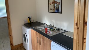 A compact kitchen with a washing machine, a sink, and a countertop. - Townhome Manorhamilton (Manorhamilton)