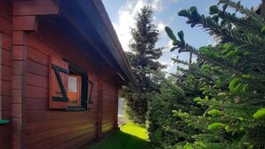 A wooden cabin with a window and a well-maintained lawn.