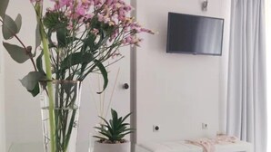 A modern bathroom with a glass shower enclosure, a white sink, and a flat-screen TV mounted on the wall. - Emorfia's Apartments No5 - 300m to the beach (Rethymno)