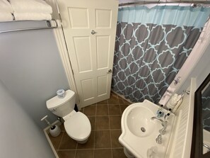 Combined shower/tub, hair dryer, towels, soap - Downtown Bar Harbor Condo (Bar Harbor)