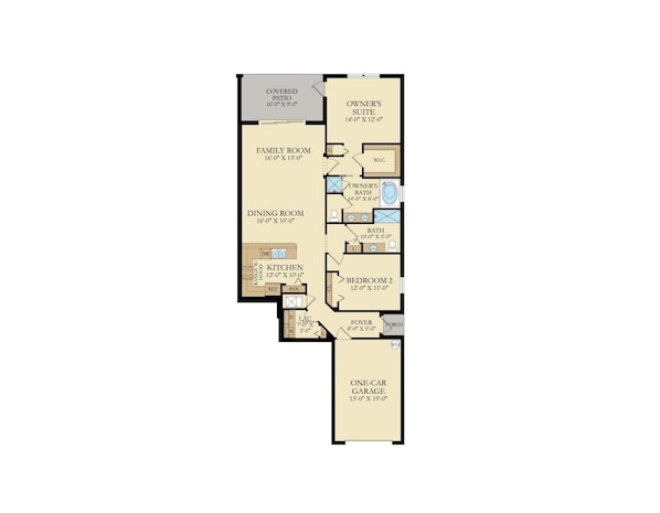 A floor plan of a house with a covered patio, owner's suite, family room, dining room, kitchen, two bedrooms, foyer, porch, and a one-car garage.