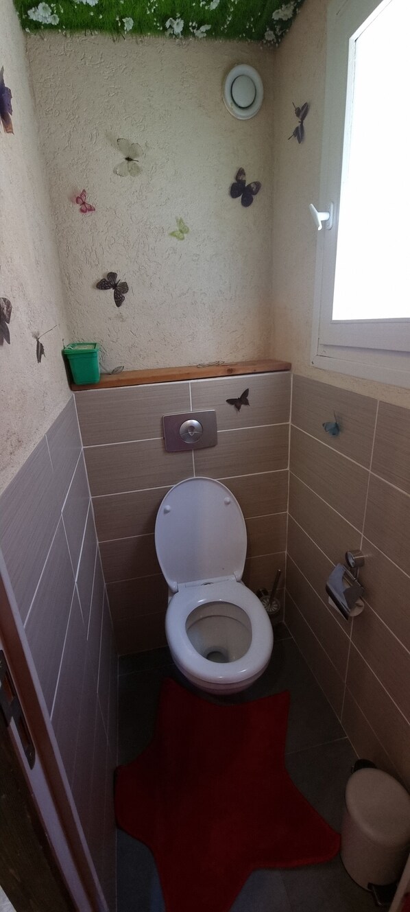 Ein kleines Badezimmer mit Toilette, einem roten Teppich und Schmetterlingsstickern an der Wand.