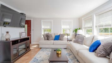 Smart TV, fireplace, table tennis, books