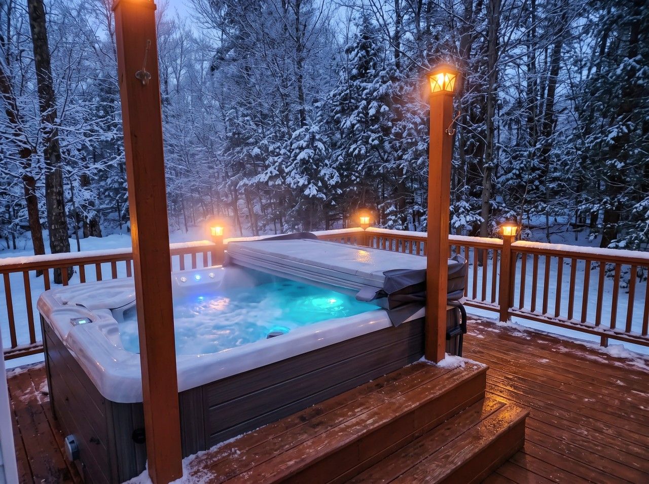 Un bain à remous sur une terrasse en bois, avec des arbres enneigés en arrière-plan.