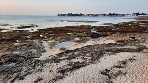 A rocky shoreline with tide pools and a distant view of a coastal town. - 🌊 Ti Glaz - Île-Tudy – A charming home between the sea and the river (Île-Tudy)