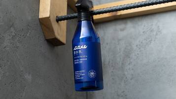 Hair dryer, towels, shampoo