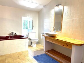 浴槽、ヘアドライヤー、トイレットペーパー